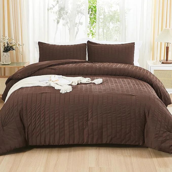 Contemporary AveLom Brown Seersucker King Comforter Set 104×90 inches 3 Pieces- Soft Washed Microfiber Lightweight Comforter with 2 Pillowcases All Season Down Comforter Set for Bedding Carefully Designed