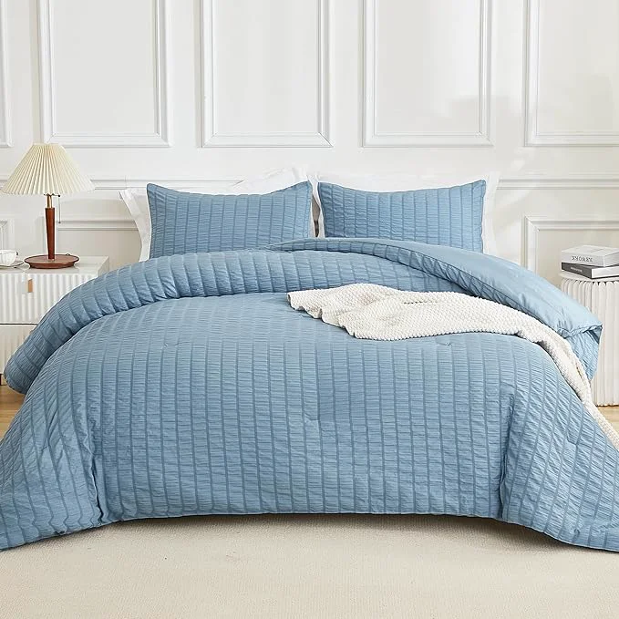 Fine AveLom Seersucker Comforter Set Twin Grayish Blue 68×90 1 Comforter and 1 Pillowcase Responsible