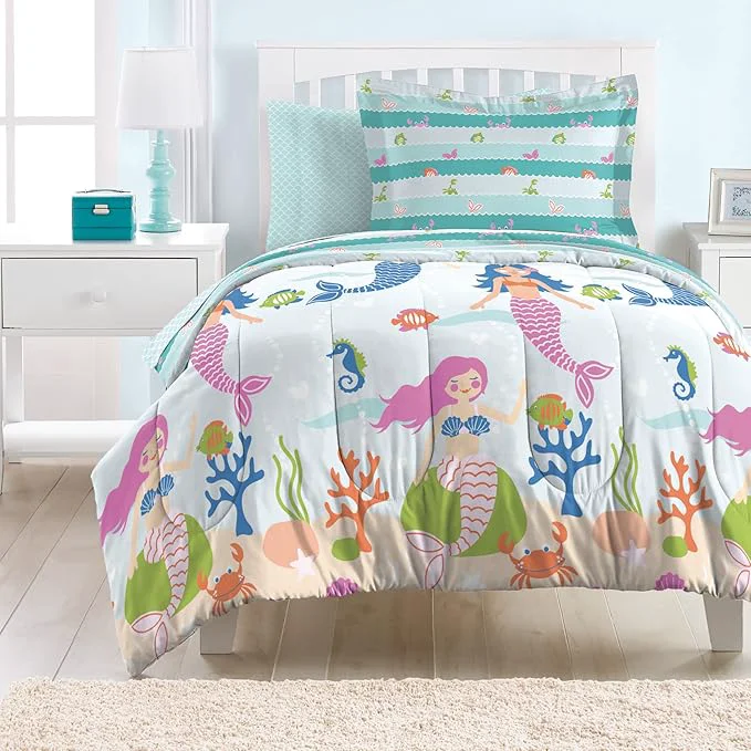 Artisan dream FACTORY Kids 5-Piece Complete Set Easy-Wash Super Soft Microfiber Comforter Bedding Twin Light Blue Mermaid Dreams Prestigious