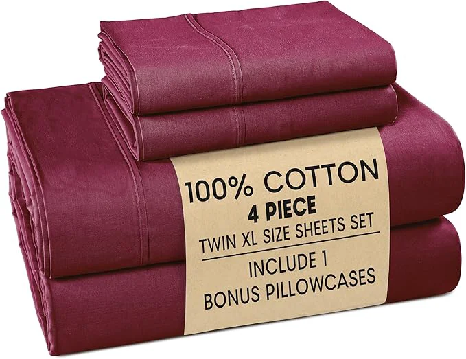 Prestigious Casa Platino Twin XL Size Sheet Set – 4 Piece Cooling Sheets Twin XL Size Cotton Crisp Percale Sheets with Breathable amp Cozy Feel 15 quot Deep Pocket Fitted Sheet for Secure Fit – Windsor Wine First-Class