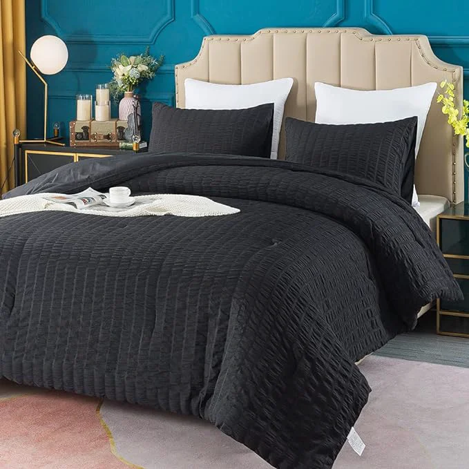 Exceptional AveLom Black Seersucker Twin Twin XL Comforter Set 68×90 inches 2 Pieces- Soft Washed Microfiber Lightweight Comforter with 1 Pillowcase All Season Down Comforter Set for Bedding