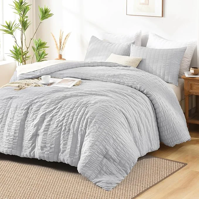 Exclusive AveLom Seersucker Queen Comforter Set 90×90 inches 3 Pieces – Light Gray Microfiber Soft Washed Down Chic Seersucker Design Easy Care Pet Friendly Certified