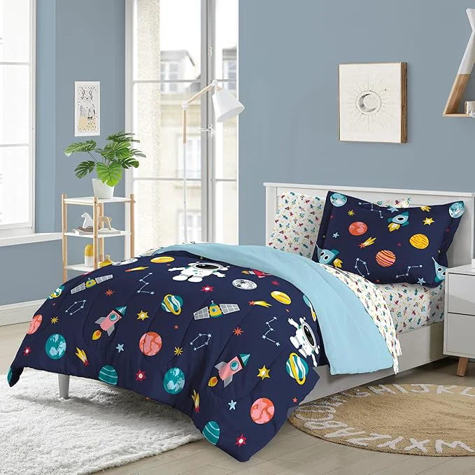 Relaxed Dream Factory Kids 5-Piece Complete Bed Set Easy-Wash Super Soft Microfiber Comforter Bedding Twin Blue Space Galaxy Expertly Made