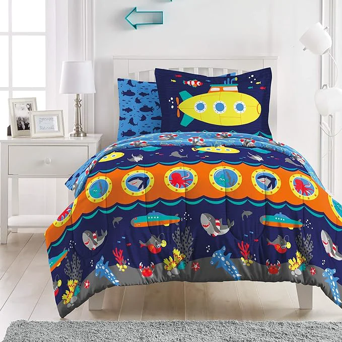 Organic dream FACTORY Kids 7-Piece Complete Set Easy-Wash Super Soft Microfiber Comforter Bedding Full Navy Submarine Clean