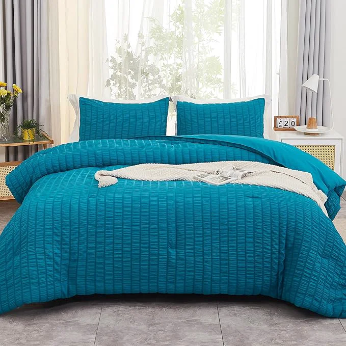 Powerful AveLom Teal Seersucker Full Comforter Set 80×90 inches 3 Pieces- Soft Washed Microfiber Lightweight Comforter with 2 Pillowcases All Season Down Comforter Set for Bedding Long-Lasting