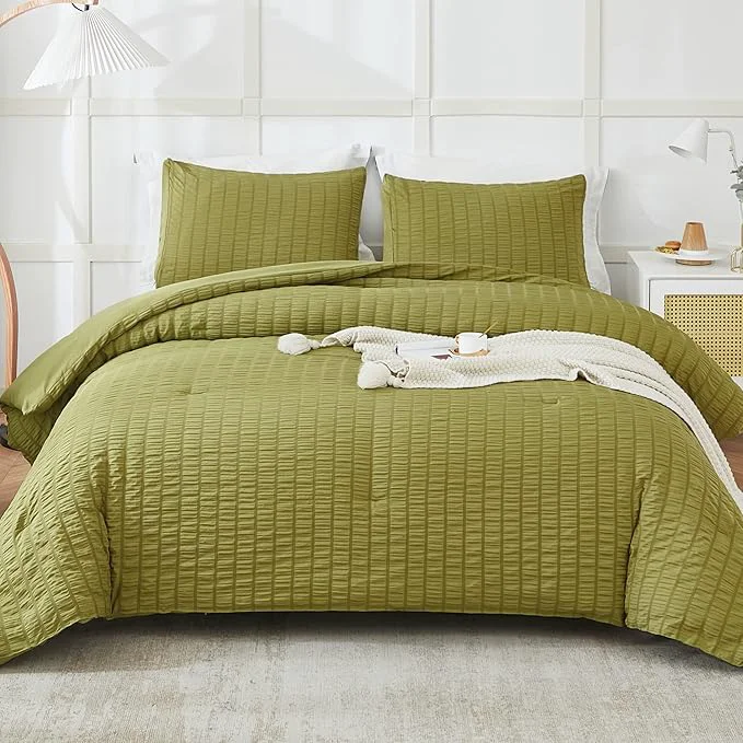 Functional AveLom Olive Green Seersucker King Comforter Set – 104×90 2 Pillowcases 20×36 Traditional
