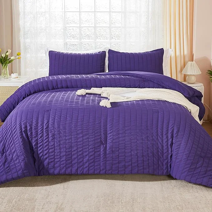 Enhanced AveLom Dark Purple Seersucker Twin Comforter Set 68×90 inches 2 Pieces-Soft Washed Microfiber Lightweight Comforter with 1 Pillowcase All Season Down Comforter Set for Bedding Authentic