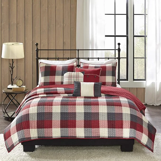 Organic Madison Park Reversible Quilt Cabin Lifestyle Plaid Design – All Season Breathable Coverlet Bedspread Bedding Set Matching Shams Full Queen 90 quot x90 quot Red 6 Piece Minimalist