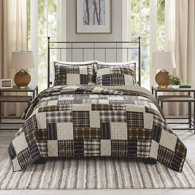 Reliable Madison Park Reversible Quilt Cabin Lifestyle Plaid Design – All Season Breathable Coverlet Bedspread Bedding Set Matching Shams Timber Black Brown King Cal King 104 quot x94 quot 3 Piece Contemporary