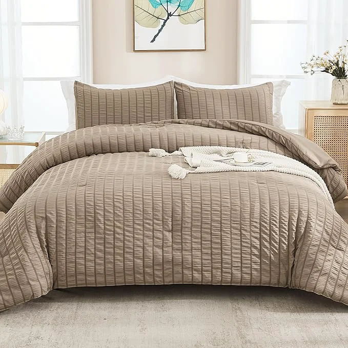 Original Design AveLom Taupe Seersucker Full Comforter Set 80×90 inches 3 Pieces- Soft Washed Microfiber Lightweight Comforter with 2 Pillowcases All Season Down Comforter Set for Bedding Organic