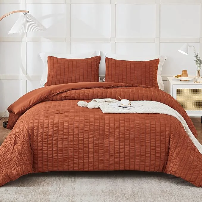 Clean AveLom Terracotta Seersucker California King Comforter Set 104×96 inches 3 Pieces- Soft Washed Microfiber Lightweight Comforter with 2 Pillowcases All Season Down Bedding Set