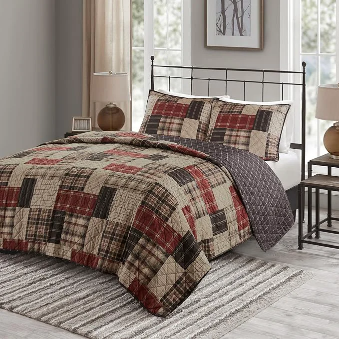 Top-Quality Madison Park Queen Quilt Set Patchwork Farmhouse Diamond Quilting Reversible Coverlet Set for Queen Size Bed Plush Cotton Filled Quilt Set Queen Size Shams Full Queen Red Black 3 Piece Eco-Friendly