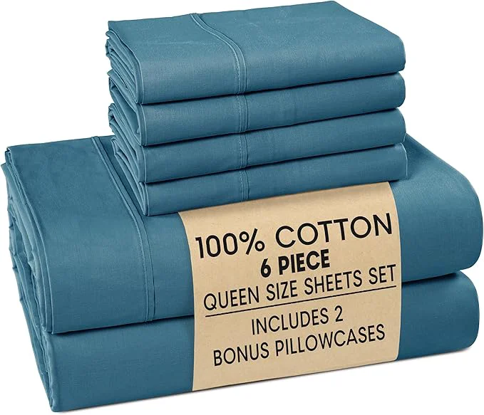 Excellent Casa Platino Sheet Set Queen Size – Cotton Bed Sheets Queen with 4 Pillowcases Soft amp Cozy Lightweight amp Breathable with 15 quot Deep Pocket Fitted Sheet Everyday Sheets – Blue Heaven Natural