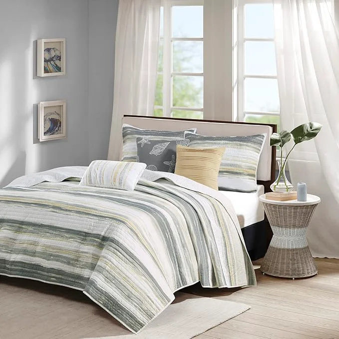 Specialty Madison Park Quilt Set Cottage Coastal Design 6 Piece Set – All Season Coverlet Bedspread Lightweight Bedding Layer Shams Toss Pillows Full Queen 90 in x 90 in Yellow Grey Outstanding