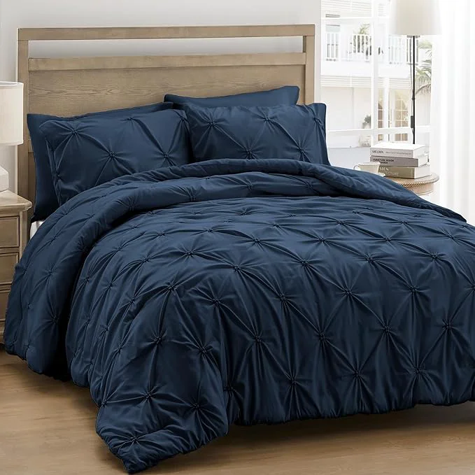 Crafted UNIKOME Queen Comforter Set Navy Royal Blue – Ultra Soft Boho Pintuck Down Bedding Set for All Seasons 3 Pieces Lightweight Warm Pinch Pleat Bed Set with Comforter 2 Pillowcases Practical