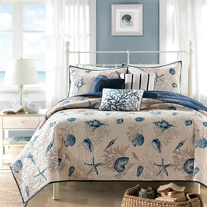 Authentic Madison Park Quilt Set Cottage Coastal Design Starfish Print – All Season Coverlet Bedspread Lightweight Bedding Layer Shams Toss Pillows King Cal King 104 quot x94 quot Bayside Blue Ivory 6 Piece Stylish