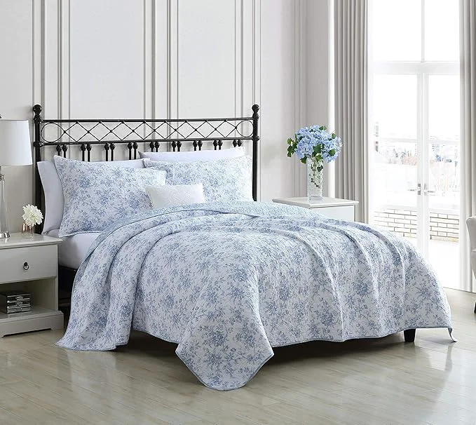 Genuine Laura Ashley – Full Queen Quilt Set Reversible Cotton Bedding with Matching Sham Medium-Weight for Year Round Use Floral Print Bed Set Walled Garden Blue Dependable