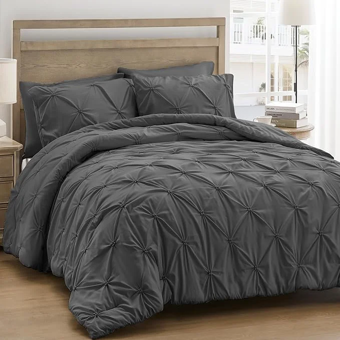 Durable UNIKOME Queen Comforter Set Dark Gray – Ultra Soft Boho Pintuck Down Bedding Set for All Seasons 3 Pieces Lightweight Warm Pinch Pleat Bed Set with Comforter 2 Pillowcases Versatile