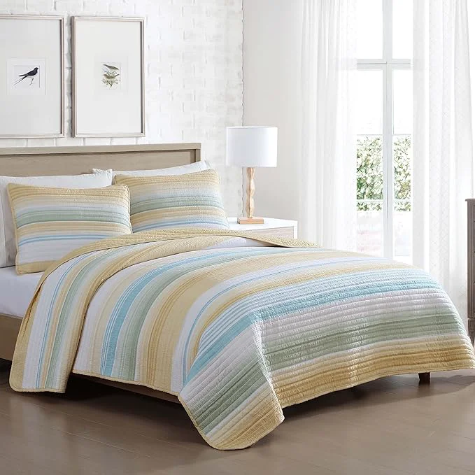 High-Grade Beatrice Home Fashions Coralinn Striped 3-Piece Quilt Set Lightweight All-Seasons King Yellow Sage Fine