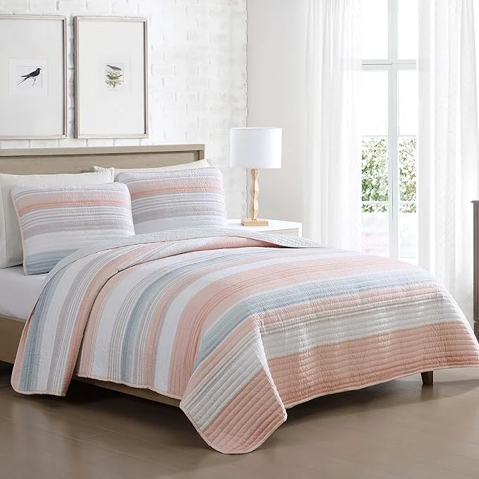 Comfortable Beatrice Home Fashions Coralinn Striped 3-Piece Quilt Set Lightweight All-Seasons King Blush Optimized