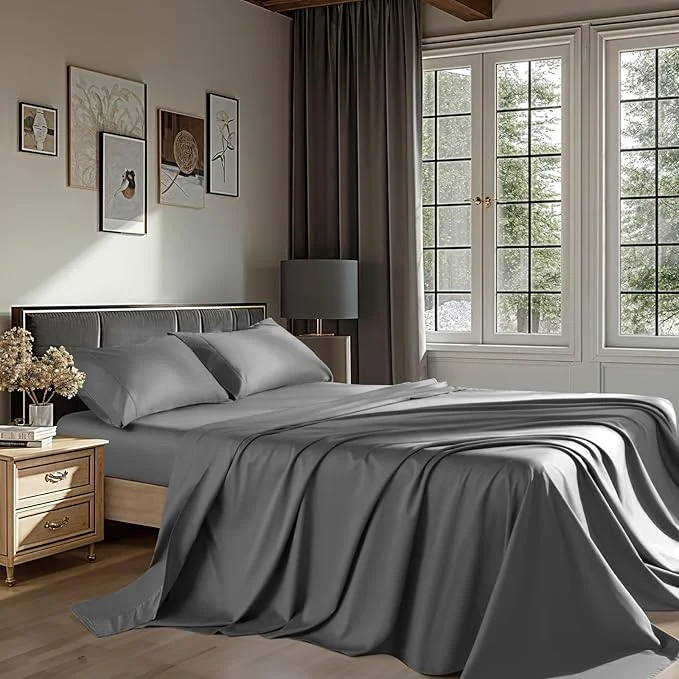 Detailed Egyptian Cotton Sheets 1200 Thread Count Queen Size Bedding Sets 4 Pcs Fitted Sheet Up to 16 quot Deep Breathable All Seasons Queen Dark Gray High-Grade