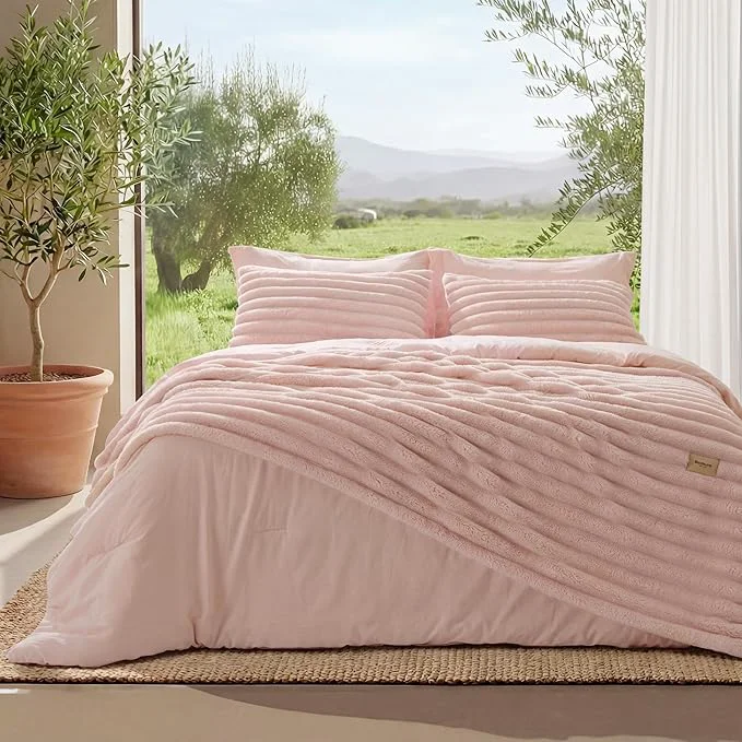 Classic Bedsure Gentlesoft™ 2-in-1 King Size Comforter Set and Detachable Fluffy Blanket Pink Bedding Set for All Season Use SnapTech™ Design for Space Saving Includes 2 Pillow Shams 2 Pillowcases Prestigious