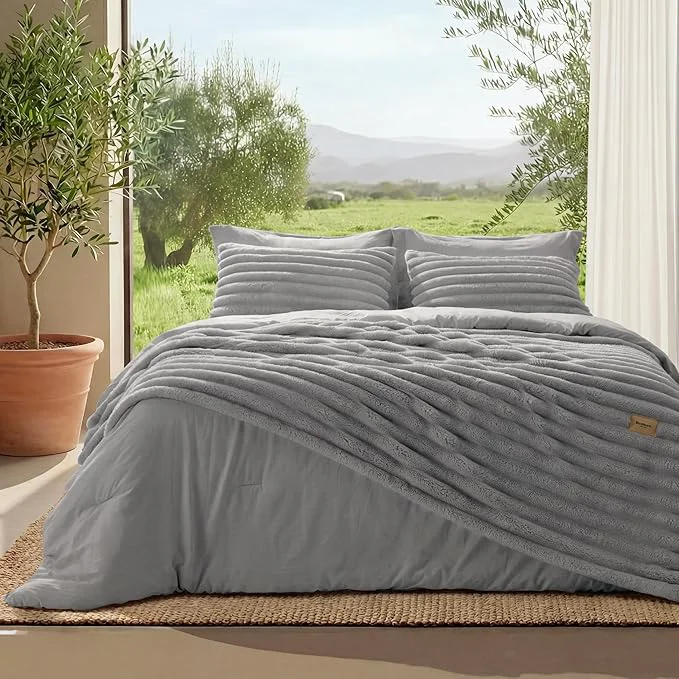 Selected Bedsure Gentlesoft™ 2-in-1 Queen Comforter Set and Detachable Fluffy Blanket Grey Bedding Set for All Season Use SnapTech Design for Space Saving Includes 2 Pillow Shams 2 Pillowcases Professional