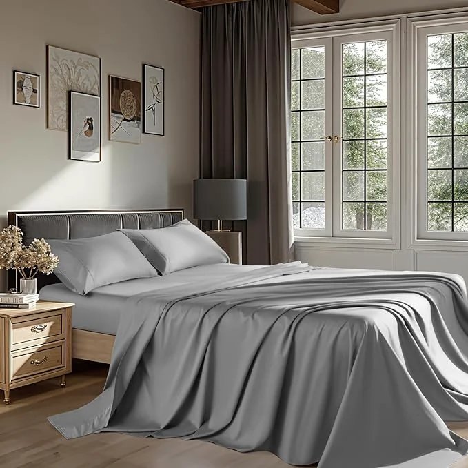 Top-Quality Egyptian Cotton Sheets 1200 Thread Count Full Size Bedding Sets 4 Pcs Fitted Sheet Up to 16 quot Deep Breathable All Seasons Full Gray Fast