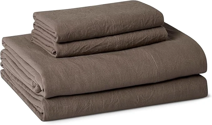 Clean Amazon Basics Full Bed Sheet 4-Piece Bedding Set Double Brushed Microfiber Ultra Soft Easy Care Brown Green