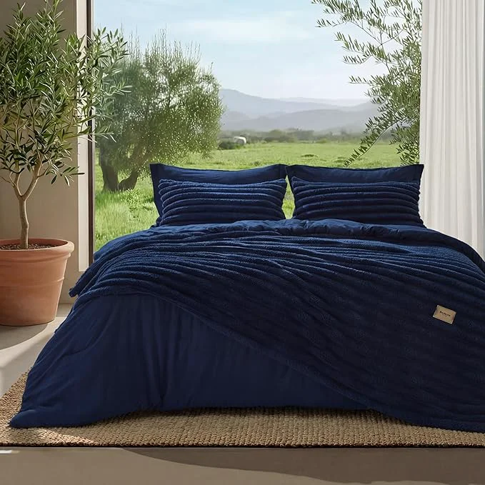 Professional Bedsure Gentlesoft™ 2-in-1 Full Comforter Set and Detachable Fluffy Blanket Navy Blue Bedding Set for All Season Use SnapTech Design for Space Saving Includes 2 Pillow Shams 2 Pillowcases Enhanced