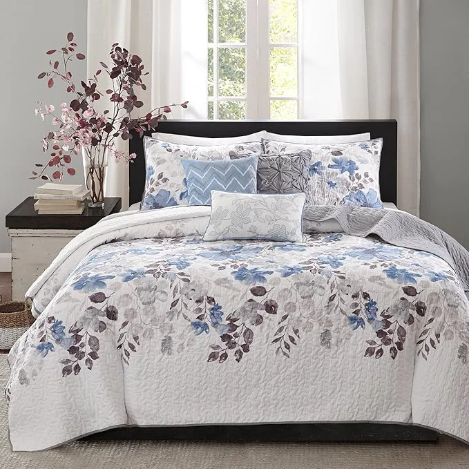 Convenient Madison Park Luna Quilt Modern Classic Design All Season Breathable Coverlet Lightweight Bedding Set Matching Shams Decorative Pillow Full Queen 90 quot x90 quot Floral Blue 6 Piece Excellent