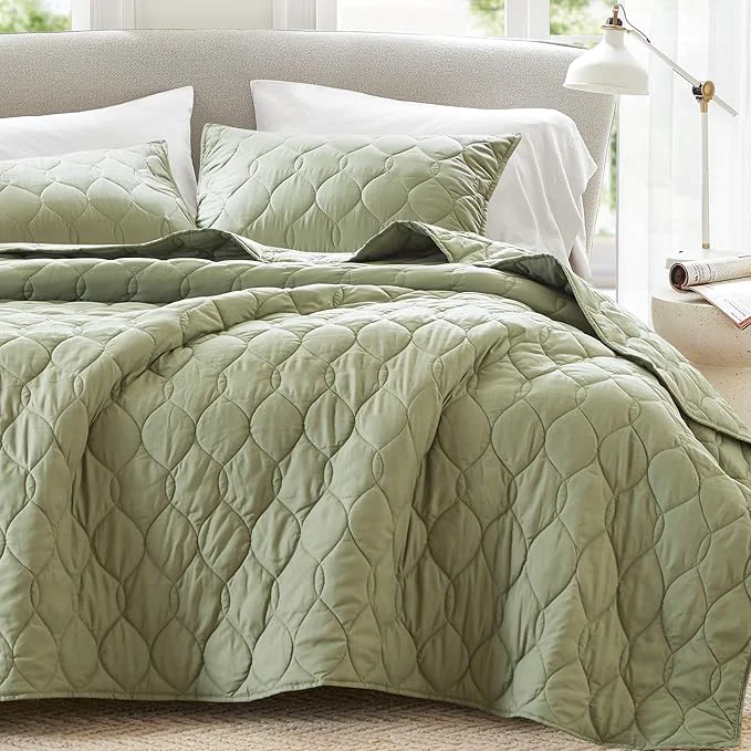 Smooth Comfort Spaces King Quilt Set Modern Reversible Ogee Coverlet King Bedding Set Cozy Quilted Winter Layer All Season Lightweight Soft King Size Quilt Kienna Cal King Olive Green 3 Piece Top-Quality