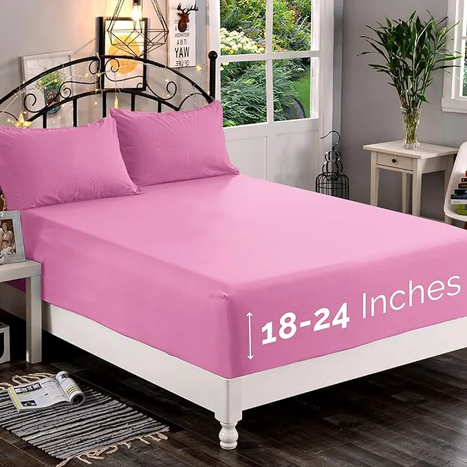 Reusable Elegant Comfort 1500 Premium Quality Fitted Sheet Ultra Soft 18-24 Inch Extra Deep Pocket – Single Fitted Sheet for High Mattress – Wrinkle with Smart Storage Pockets Full Light Pink