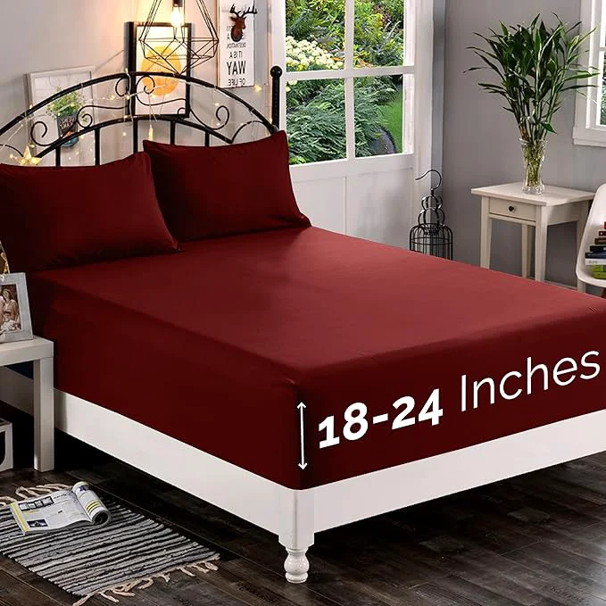 Fine Elegant Comfort 1500 Premium Quality Fitted Sheet Ultra Soft 18-24 Inch Extra Deep Pocket – Single Fitted Sheet for High Mattress – Wrinkle with Smart Storage Pockets King Burgundy Next-Generation