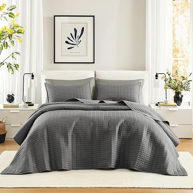 Healthy Comfort Spaces Charcoal Oversized King Quilt Set 120 quot x118 quot Bedspread Quilted Summer Lightweight Microfiber Bedding Coverlet with Double Sided Stitching Soft All Season Cozy 3 Piece with Matching Shams Versatile