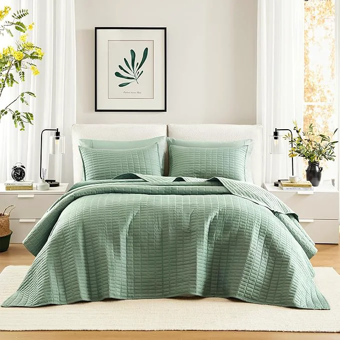 Luxury Comfort Spaces Sage Green Oversized Queen Quilt Set 102 quot x118 quot Bedspread Quilted Summer Lightweight Microfiber Bedding Coverlet with Double Sided Stitching Soft All Season 3 Piece with Matching Shams Expertly Made