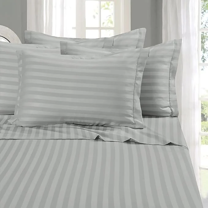 Classic Elegant Comfort Softest and Coziest 6-Piece Sheet Set – 1500 Premium Hotel Quality Microfiber – Deep Pocket Wrinkle Resistant 6-Piece Damask Stripe Bed Sheet Set California King Silver Breathable