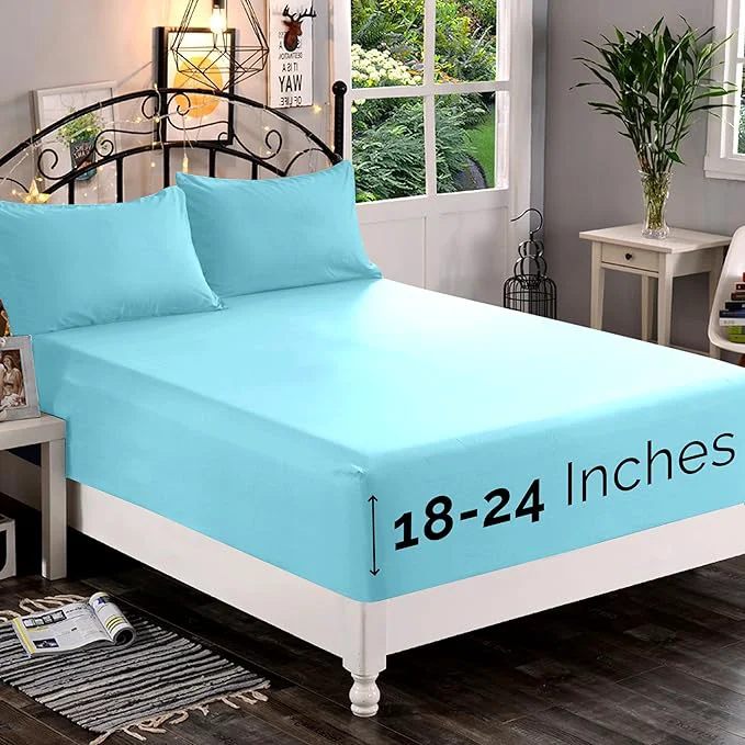 Breathable Elegant Comfort 1500 Premium Quality Fitted Sheet Ultra Soft 18-24 Inch Extra Deep Pocket – Single Fitted Sheet for High Mattress – Wrinkle with Smart Storage Pockets King Aqua Blue Detailed