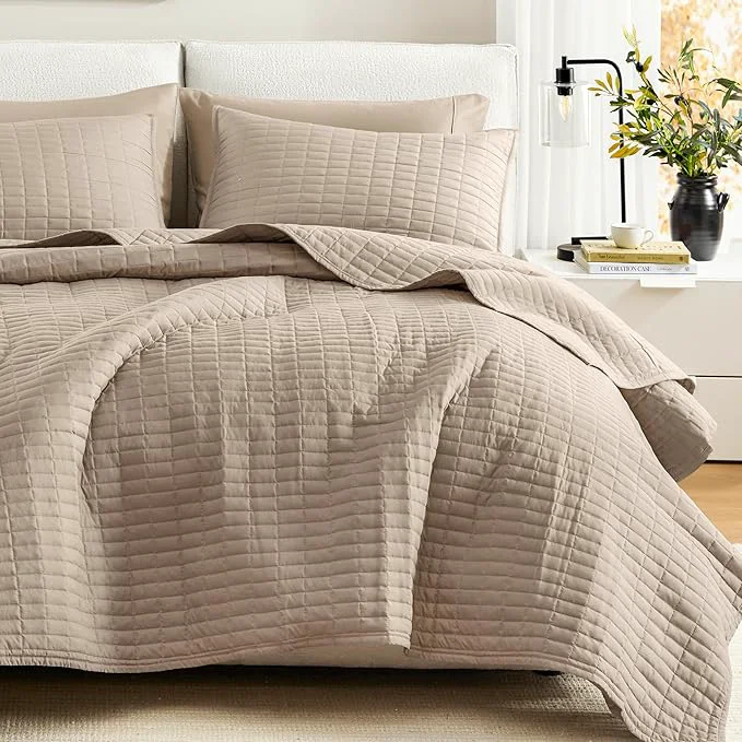 Healthy Comfort Spaces Kienna Quilt Set- Double Sided Stitching Design Summer Blanket Lightweight Soft All Season Bedding Layer Matching Sham Taupe Coverlet King 104 quot x90 quot 3 Piece High-Grade