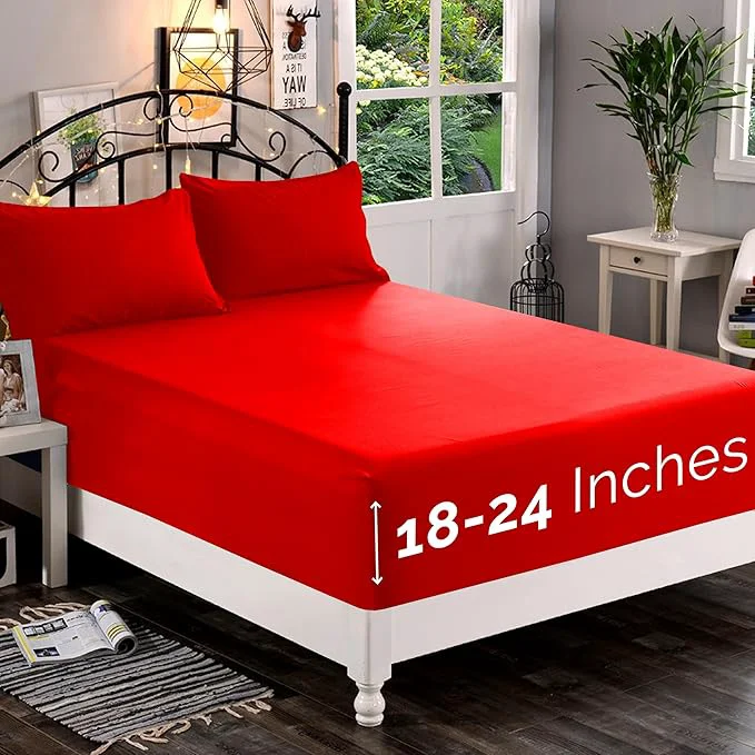 Elegant Comfort 1500 Premium Quality Fitted Sheet Ultra Soft 18-24 Inch Extra Deep Pocket – Single Fitted Sheet for High Mattress – Wrinkle with Smart Storage Pockets King Red Eco-Friendly