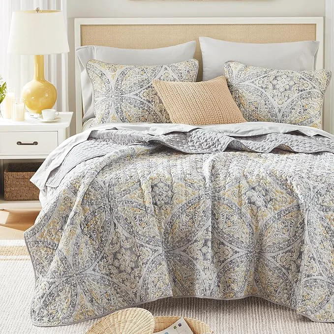 Green Comfort Spaces Boho Quilt Set Queen Reversible Vermicelli Quilting Queen Size Bed All Season Lightweight Coverlet Winter Layer Bedding Shams Gloria Full Queen Grey Yellow 3 Piece Consistent