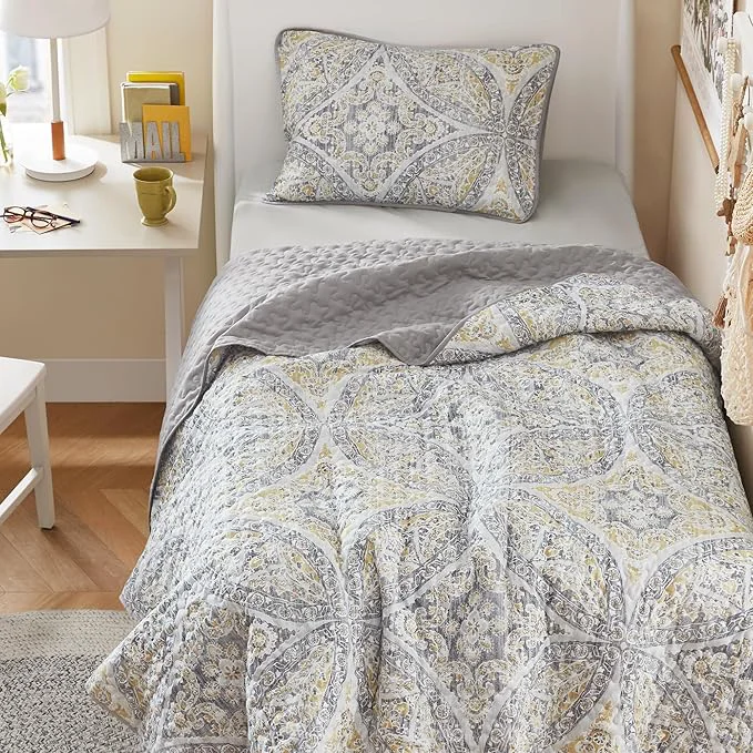 Specialty Comfort Spaces Boho Quilt Set Twin Reversible Vermicelli Quilting Twin Size Bed All Season Lightweight Coverlet Winter Layer Bedding Shams Gloria Twin Twin XL Grey Yellow 2 Piece Eco-Friendly