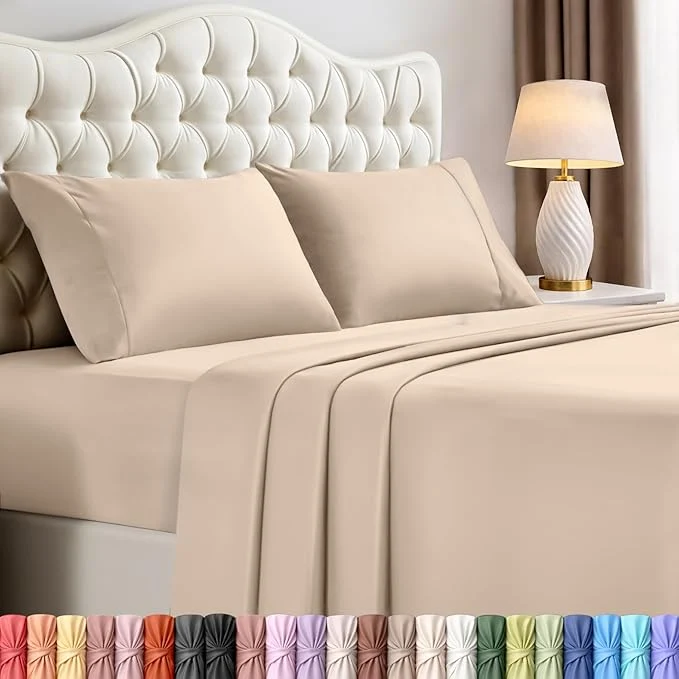 Responsible Utopia Bedding King Size Sheet Set – 4 Piece Bed Sheets Soft and Breathable Microfiber Includes 1 Fitted Sheet 1 Flat Sheet and 2 Pillowcases – Oeko Tex Beige Effective