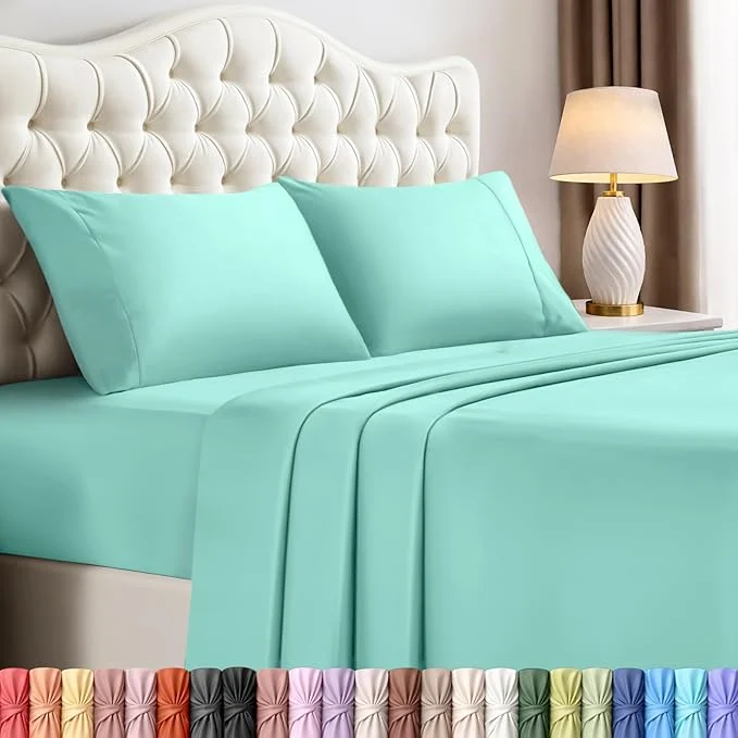 Detailed Utopia Bedding Queen Size Sheet Set – 4 Piece Bed Sheets Soft and Breathable Microfiber Includes 1 Fitted Sheet 1 Flat Sheet and 2 Pillowcases – Oeko Tex Spa Blue Safe