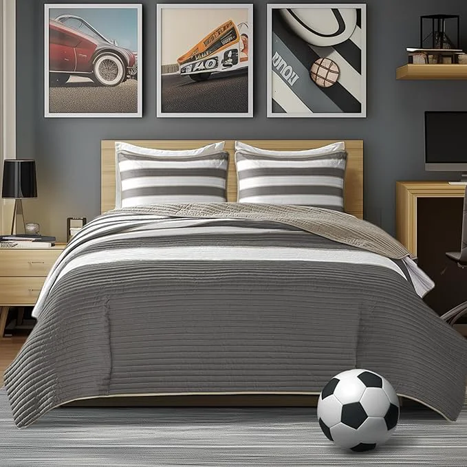 Responsible Comfort Spaces Twin Quilt Set Trendy Casual Fun Vibrant Color Stripes Design All Season Lightweight Coverlet Bedspread Twin Size Kids Bedding amp Sham Verone Twin Twin XL Grey 2 Piece Recyclable