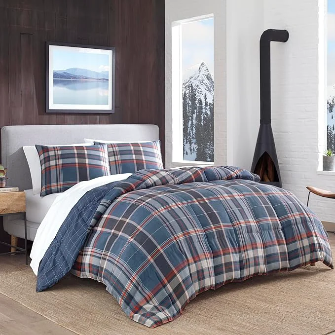 Premium Material Eddie Bauer – Queen Comforter Set Reversible Down Alt Bedding with Matching Shams Home Decor for Colder Months Shasta Lake Navy Queen Eco-Friendly