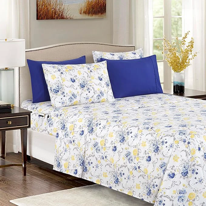 Durable Elegant Comfort Softest and Coziest 6-Piece Sheet Set – 1500 Premium Hotel Quality Microfiber – Deep Pocket Wrinkle Resistant 6-Piece Floral Bed Sheet Set King Jenna Gold Functional