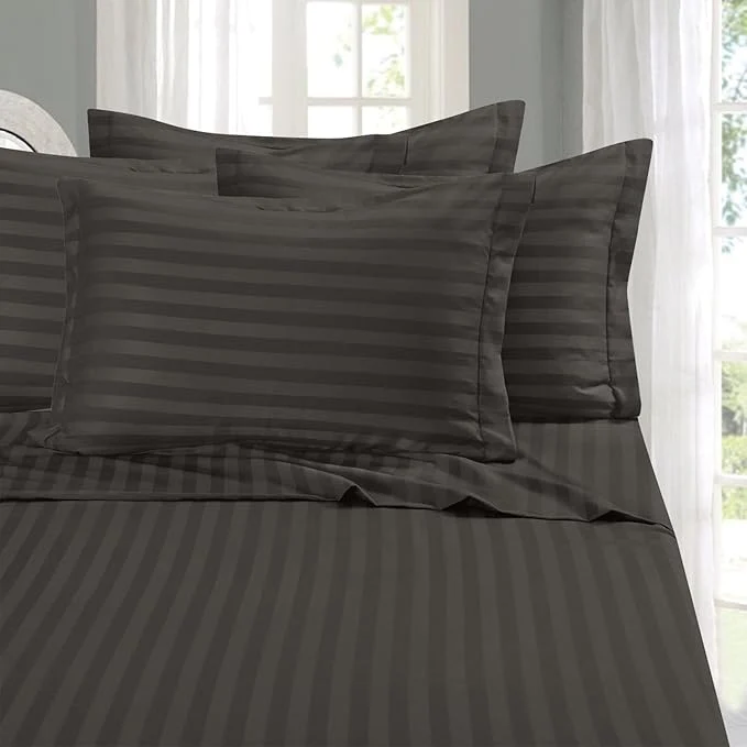 Unique Elegant Comfort Softest Coziest 6-Piece Sheet Sets – 1500 Premier Hotel Quality Luxurious Wrinkle Resistant 6-Piece Damask Stripe Bed Sheet Set King Grey Natural