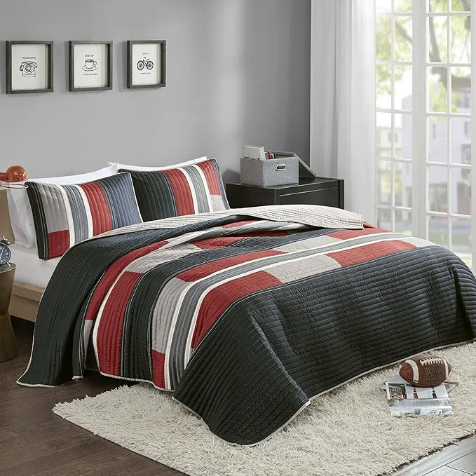Optimized Comfort Spaces Quilt Set Trendy Casual Fun Vibrant Color Design Hypoallergenic All Season Lightweight Coverlet Bedspread Cozy Kids Bedding amp Sham Twin Twin XL Pierre Black Red Stripe 2 Piece Relaxed