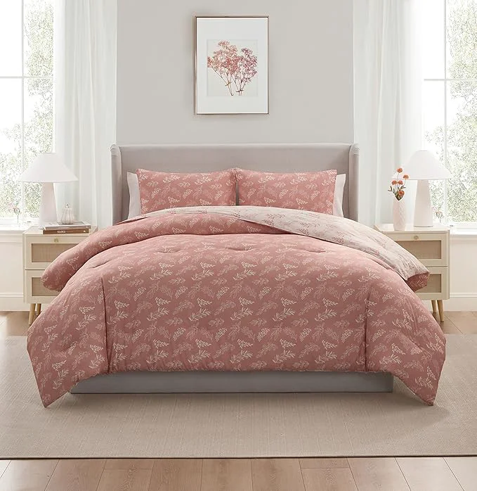 Traditional Nestl Full Size Comforter Sets – Blush Bed in a Bag Full Size 3 Pieces Reversible Bed Set Soft Floral Bedding Set All Season Botanical Comforters with Pillow Shams Expertly Made